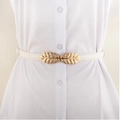 White slim faux leather belt with golden leaf buckle for women dresses and shirts - White