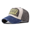 Detail of vintage washed baseball cap with Motors Racing Team patch and distressed brim - Blue Beige Dark Grey Patchwork(5)