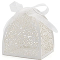 Laser-cut white wedding favor box with intricate floral hollows and silk ribbon bow - Pearlescent Ice White