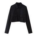 Women's black cropped long sleeve shirt jacket featuring large dual flap pockets - Black