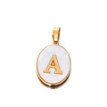 Macro view of gold stainless steel oval pendant with white shell inlay and letter A - Gold Letter A