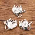 Silver devil heart charms with flame texture and small horns for DIY Halloween jewelry - 15C6-5 Devil Heart