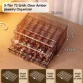 3-Tier tea brown jewelry box with 72 grids for rings and earrings storage - 3 Layers 72 Slots / Brown