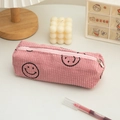 Pink corduroy pencil case with smiley face pattern and high capacity stationery storage - Pink Smiley Face