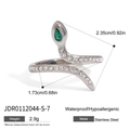 Anillo de serpiente de acero inoxidable con circonitas blancas y piedra verde - Estilo de Serpiente Plateada con Ojos Verdes (JDR0112044-S-7)