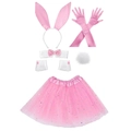 Pink satin bunny cosplay set with rabbit ears headband, sequin tutu skirt, and gloves - Pink 6-Piece Set