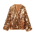 Detail of golden sequin wrap jacket featuring large round scales and waist tie closure - Gold