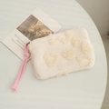 Trousse de maquillage en peluche blanc crème avec cœurs et anse tressée rose - Style Cœur Gaufré Sherpa / Blanc Cassé