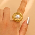 Detail of vintage gold ring with hammered texture and central large pearl embellishment - Round Disc Large Pearl (WG-1070)