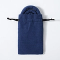 Close-up of blue linen fabric drawstring pouch for ethnic style bendable hair ties - Hair Tie & Bag Set / Navy Blue Solid