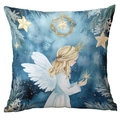Blue Christmas pillow cover with watercolor angel and golden star illustration - Blue Wing Angel