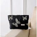 Elegant black cosmetic bag with silver butterfly embroidery and silk texture finish - Golden Butterfly Embroidery / Large