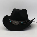 Zwarte wollen vilten cowboyhoed met lederen band, turquoise kralen en een zilveren stierenkop - Zwart (J Cowboy 60 Lanbaoniu)