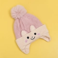 Pink and white knit baby earflap hat with cartoon embroidery and top plush pom-pom - Pink Hooded Scarf