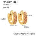 Golden round hoop earrings with double-row purple zircon stones in stainless steel - Pink Zirconia Earrings - Medium