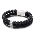 Pulsera de hombre de doble capa con cuero trenzado negro, cuentas y cierre de cruz plateado - Estilo Cruz Color Acero (KB136652-KFC)