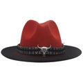 Detail of red and black gradient felt cowboy hat with bull head buckle and ethnic band - M (56-58cm) / Rust Red + Black