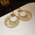 Elegant gold woven wire round earrings in a minimalist circular bohemian design - 68# Gold Fine Wire Wrapped Radial Pattern Hoop (68# Silver Earring Post-Gold-Round)