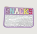 Detail of purple chenille patch SNACKS lettering on a clear PVC cosmetic travel bag - Violet