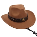 Detail of brown cowboy hat band with metallic studs, horseshoe medal and adjustable drawstring - One Size / Khaki