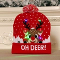 LED Christmas knit hat with red reindeer, white pompom and glowing lights - Deer Head Style