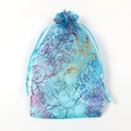 Sky blue organza gift bag with colorful gold stamped coral patterns and drawstring - Lake Blue Coral; 7*9cm