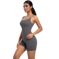 Side view of dark grey slim fit yoga bodysuit with thin straps and u-neck design - S / Top And Bottom / Dark Gray