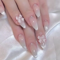 Cat eye amandelvormige druknagels met 3D-strikjes en strassteentjes in wit ombre - Lijmversie (JP3445)