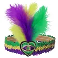 Mardi Gras sequin headband with purple, green, yellow feathers and heart patch - One Size / Heart Embroidery Style