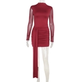 Close-up of wine red slim-fit dress featuring mesh long sleeves and pleated texture detail - S / Burgundy