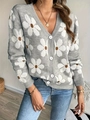 Chaqueta de punto gris con cuello en V, jacquard de margaritas blancas y cierre frontal - S / Gris