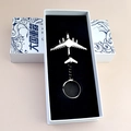 Silver airplane keychain in a white gift box with black velvet lining for aviation gifts - Y-20 Transport With Gift Box