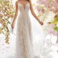 Elegant ivory V-neck sleeveless lace wedding dress with floral embroidery and pearl waist detail - S / Dresses / White