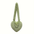 Fuzzy heart-shaped crossbody bag in mint green plush with silver metal chain strap - Apple Green
