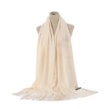 Solid color cashmere feel scarf detail view, elegant fringe trim, warm winter accessory. - Creamy White