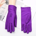 Elegant purple satin sun protection gloves for women featuring delicate floral embroidery - Embroidery / Purple