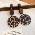 Detail of retro leopard print acrylic and wood circle earrings on linen background - Leopard Print Solid Round Style (Style 3)