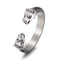 Punk wolfskop open armband voor heren van zilver roestvrij staal en zwart leer met textuur - Zilveren Dubbele Leeuwenkop Stijl / Staal Kleur (KB71994-BD)