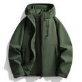 Waterproof hooded jacket in dark olive green featuring adjustable cuffs and zipper pockets - Olive Green