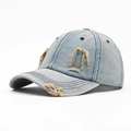 Distressed light blue washed denim baseball cap with vintage frayed holes effect - Light Blue / Adjustable