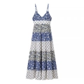 Abito lungo bohémien con patchwork floreale, scollo a V e gonna a balze - XS / Blu