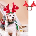 Detailed view of red reindeer antler headband and green knit scarf for large dogs - Red Bell / Red Reindeer Antler Headband with Bells