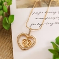 Gold double heart locket necklace with zircon inlay and Maria angel charm on script card - Heart Virgin Mary Style (23593)