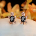 Rose gold turtle stud earrings with oval black gemstone and white cubic zirconia accents - Rose Gold Black