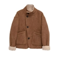 Brown faux suede jacket with beige faux fur lining and stand collar in flat lay view - XS / Caramel color
