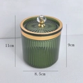 Dark green storage canister with gold trim and transparent faceted lid handle in 11cm size - Diamond Plastic Handle / Light Green