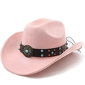 Détail du chapeau de cow-boy en daim rose avec bande en cuir turquoise et boucle fleur - M (56-58cm) / Rose