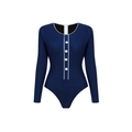 Close-up of navy long-sleeved surf swimsuit featuring white piping and decorative buttons - S / Long Sleeve Swimsuit