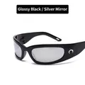 Glossy black sports sunglasses with silver mirror lenses and crescent moon hardware - Bright Black / Silver