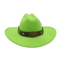 Bright green wool felt cowboy hat with turquoise bull buckle on brown leather band - One Size / Grass Green